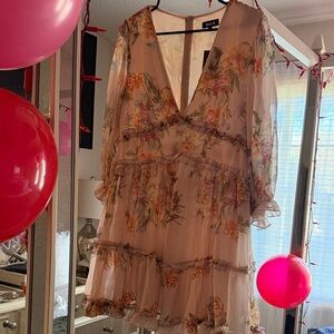 Floral V-Neck Mini Dress - Cream and Pink